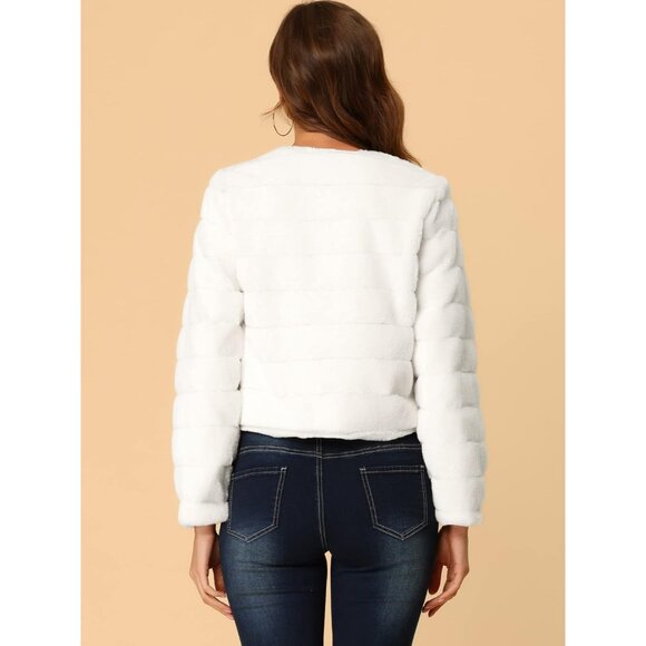 Women's Faux Fur Coat Long Sleeve Cropped Fluffy Jacket Collarless Casual Winter - Picture 6 of 6